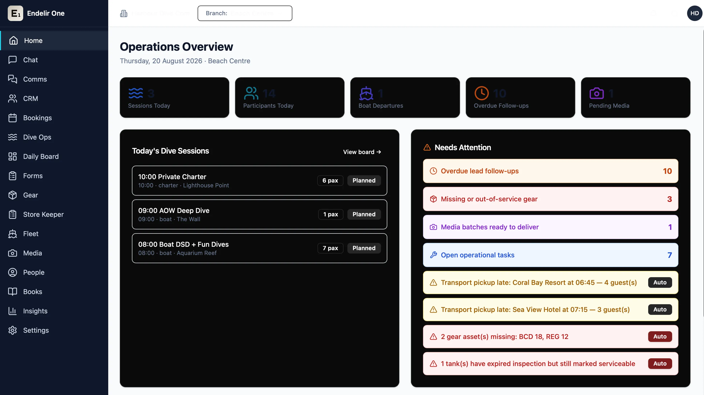 Endelir One operations dashboard showing a dive centre's day: scheduled dive sessions, boat departures, gear and tank alerts, transport pickups and follow-ups